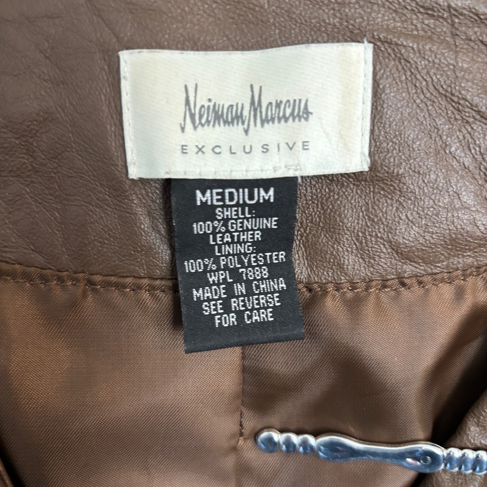 Neiman Marcus Exclusive Brown Genuine Leather Ruffle Draped Front Jacket Medium - Picture 12 of 15